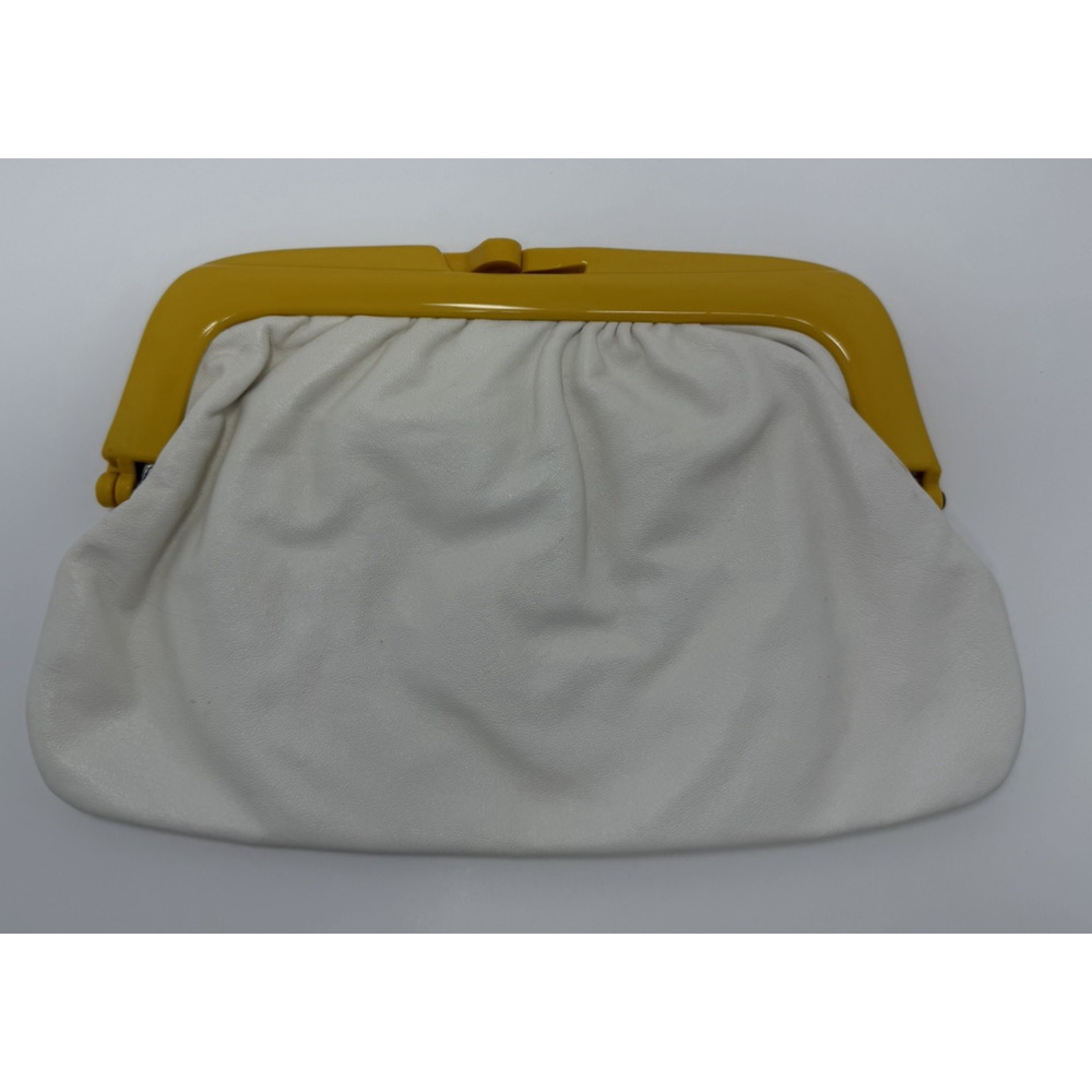 Vintage 80 /90's Leather White Clutch Bag Yellow Plastic Frame Made In Italy